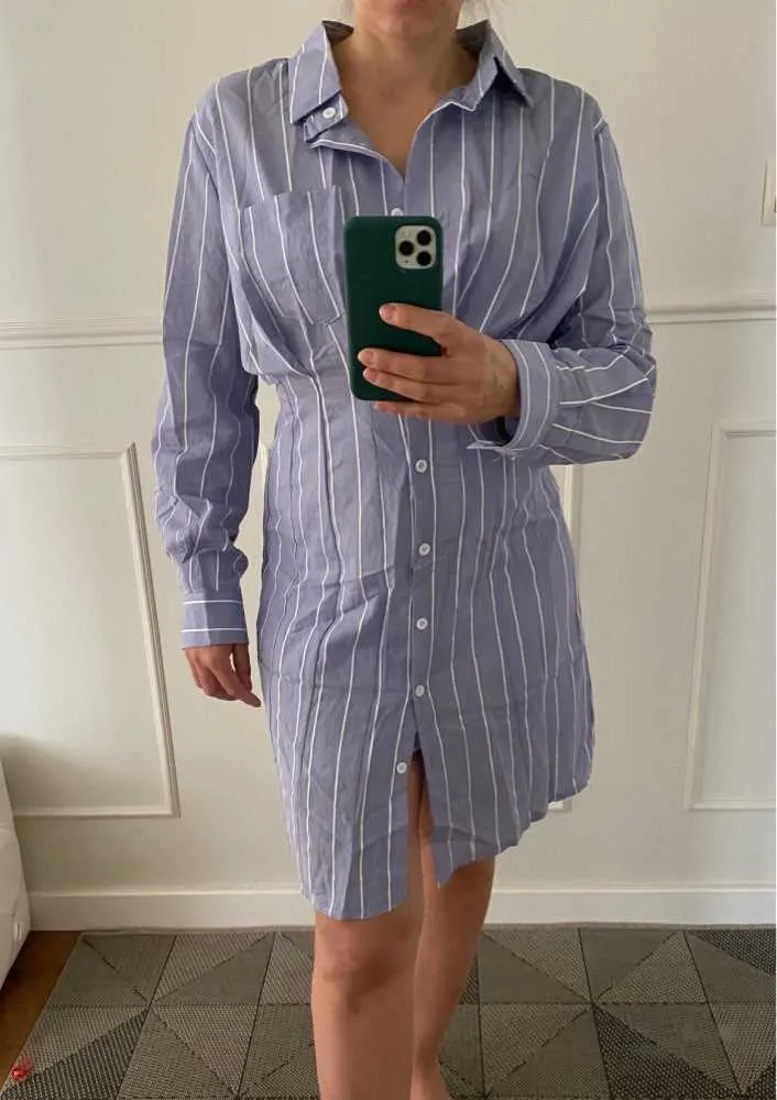 Women Elegant Stripe Dress Spring Autumn Slim Batwing Sleeve Office es Ladies Long Blouse Blue Robe 210525