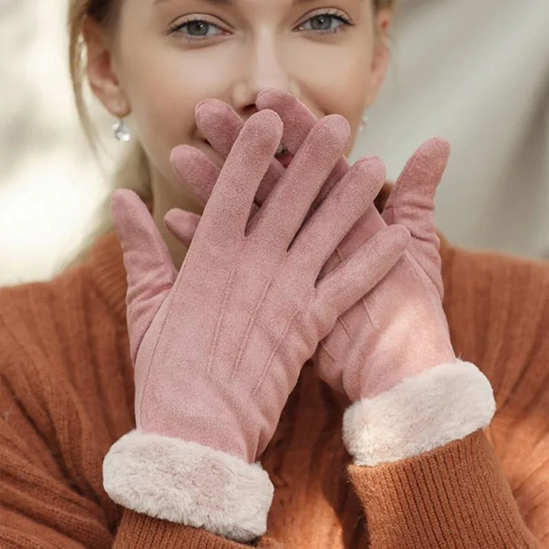 5本の指の手袋1ペアの女性冬のふわふわのカフシャモアレザーフリースライニングサーマルレディーススクリーンTouch277y