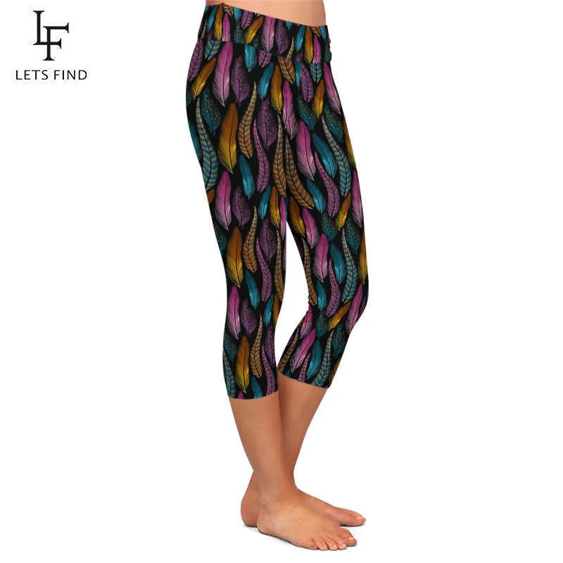 LetsFind Plus Size Mulheres Colorido Penas Leite Silk Print Mid-Bezerro Calças Alto Cintura Moda Fitness Elastic Leggings 210925