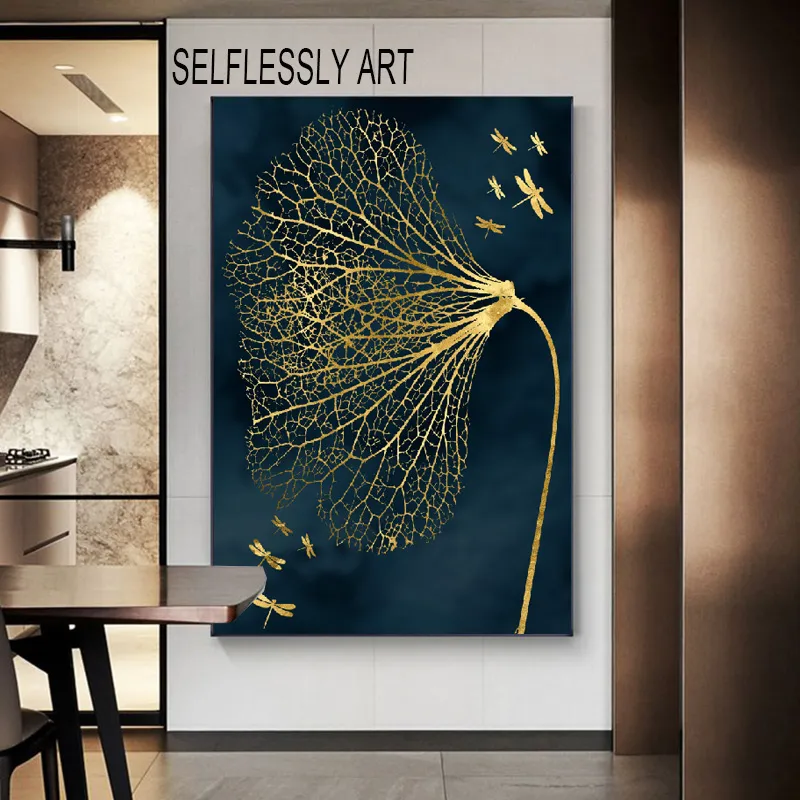 Абстрактный плакат настенная картина холст искусства Золотая листья картина HD печать для гостиной вход украшения Cuadros без рамки