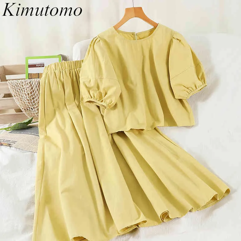 Kimutomo Zarif Rahat Katı Takım Elbise Kadınlar Yaz Moda O-Boyun Puf Kollu Gömlek Ve Yüksek Bel A-Line Etekler 2 Parça Set 210521