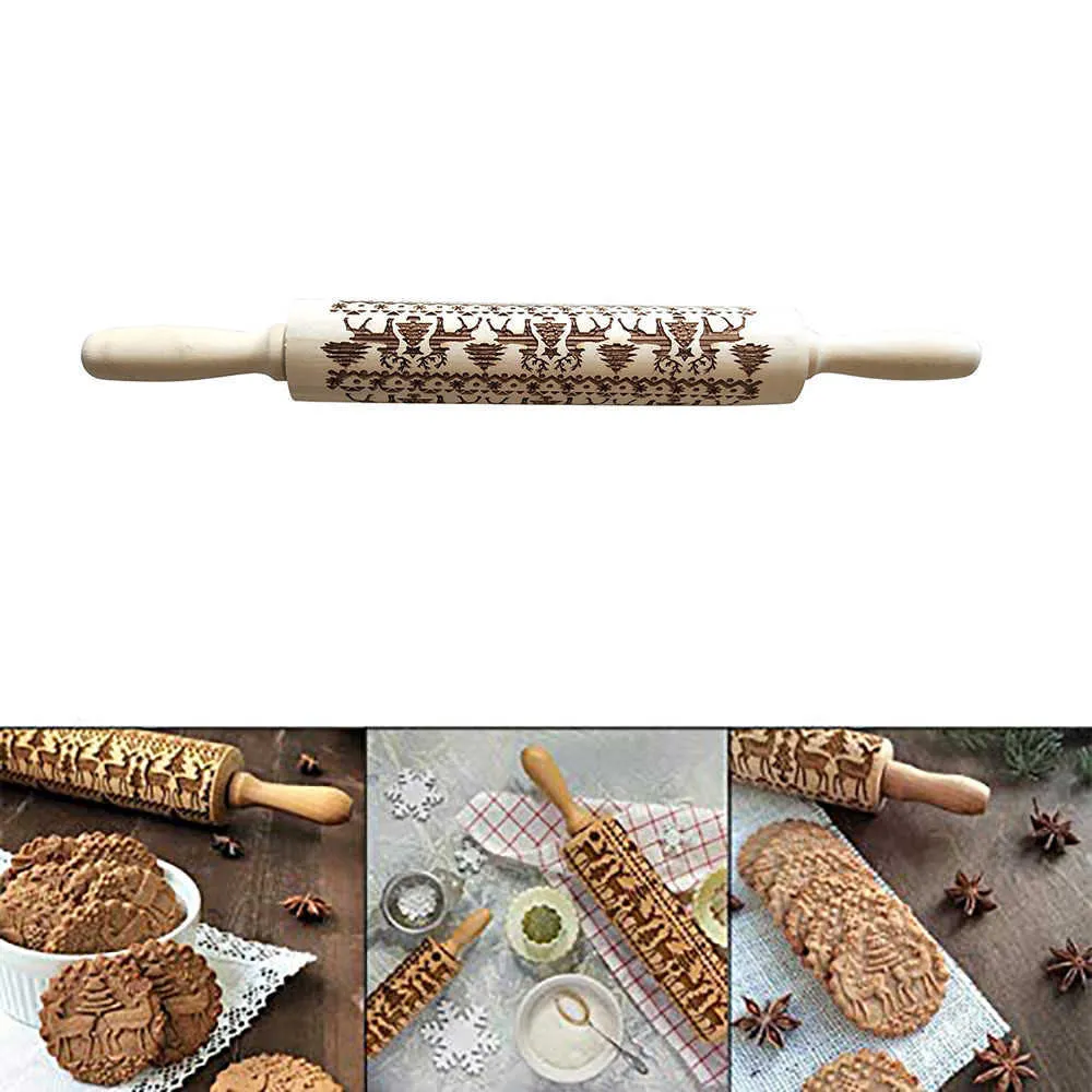 Wooden Christmas Rolling Pin Engraved Carved Embossed Rolling Pin Kitchen Tool a patisserie Baking tools 211008