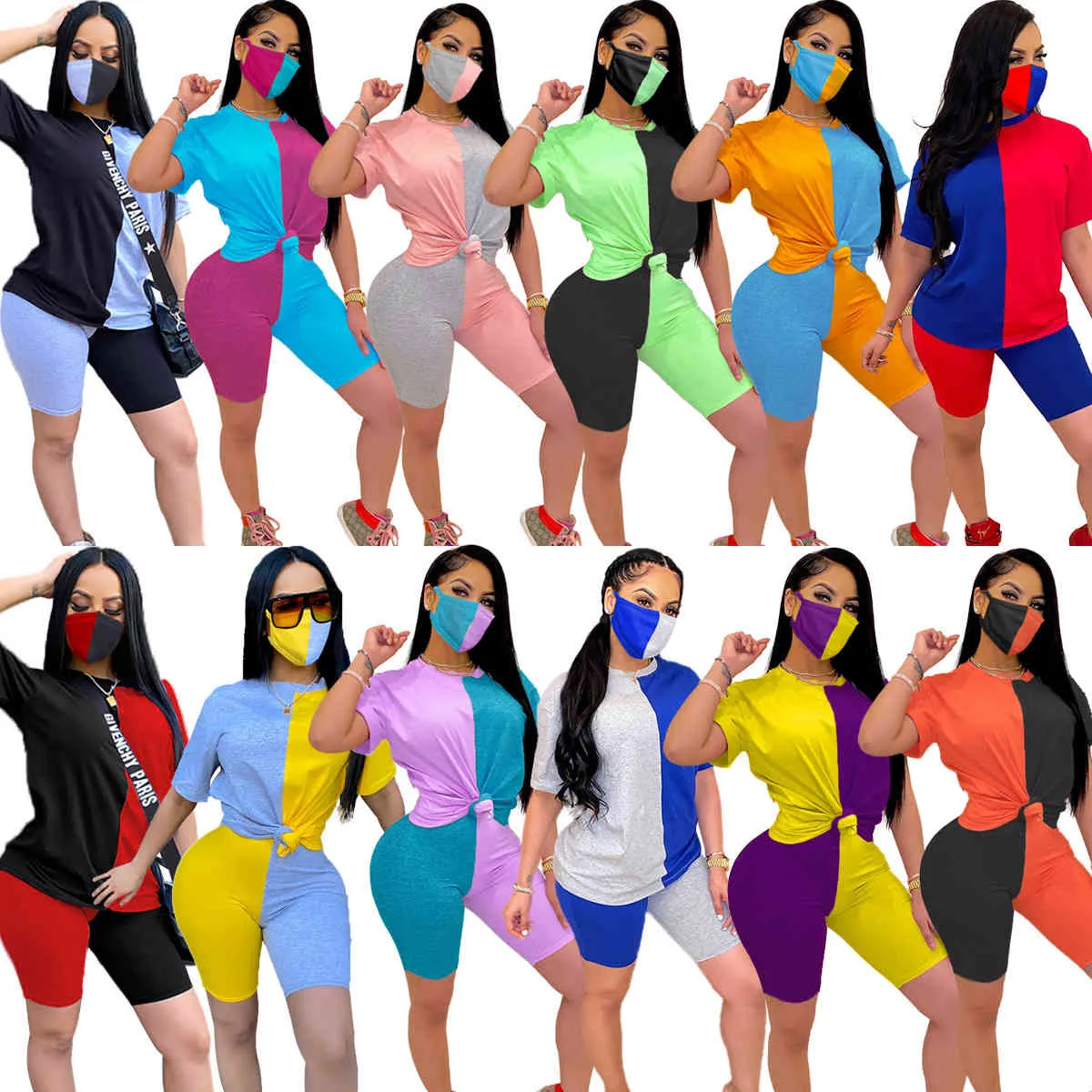 2020 Sommar Hot Selling Två Piece Set Women's Stitching Utskrift Färg Kontrast Tight Casual Sexy Suit med Mask X0428