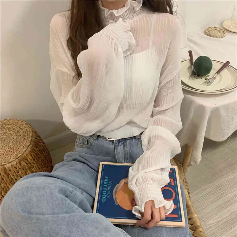 Women's Spring Autumn Tops Korean Long-sleeved Thin Net Gauze Bottoming Chiffon Blouse Solid Color Inner Lace LL365 210506
