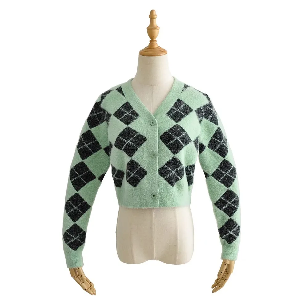 Stijlvolle jaren 80 Argyle Plaid Gebreide Cardigan Woman's Trui V-hals Lange Mouwen Jumper Geometrische Korte Knitwear Groen 3 Kleuren 210429