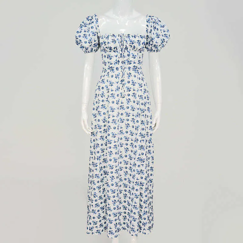 Kobiety Moda Rękaw Puff Lace Up High Split Dress Vintage Ladies Cottagecore Tallulah Blue White Floral Midi Sukienka Dropshipping Y0603