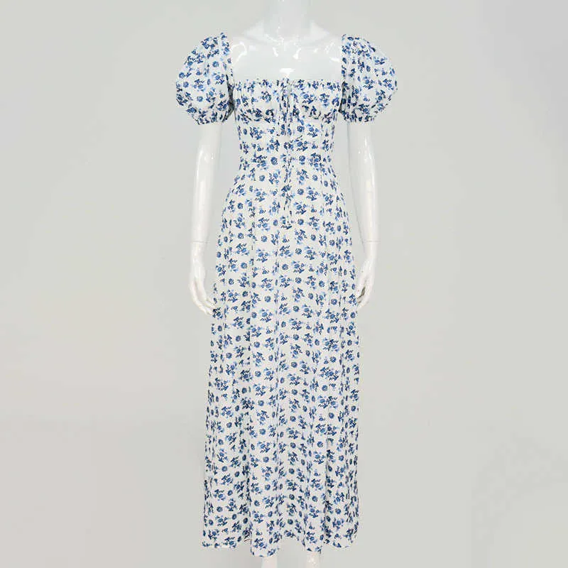 Women Fashion Puff Sleeve Lace Up High Split Dress Vintage Ladies Cottagecore Tallulah Blue White Floral Midi Dress Dropshipping Y0603