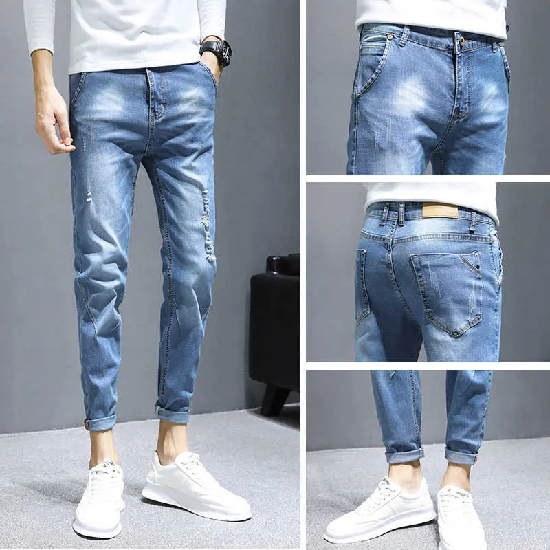 Four Seasons Men's Fashion Casual Jeans Straight Loose Retro Nostalgic Denim Trousers Youth Stretch Classic Slim-Leg Pants 210531