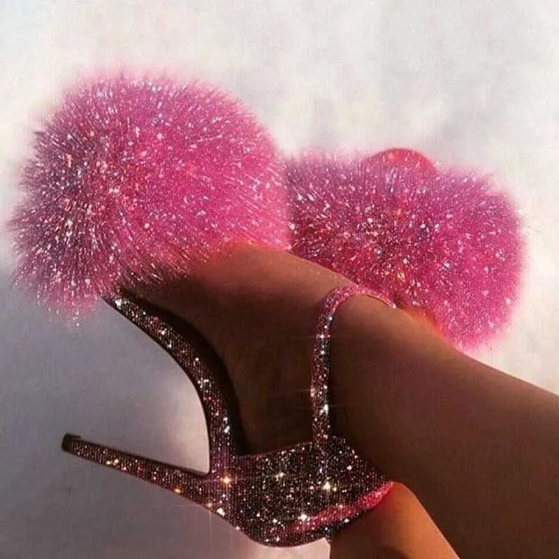 2020 New Arrivals Large Size Thin High Heels Summer Pink Sandals Woman Shoes Shinning Fur Party Bling Women Lady Footwear Y0721