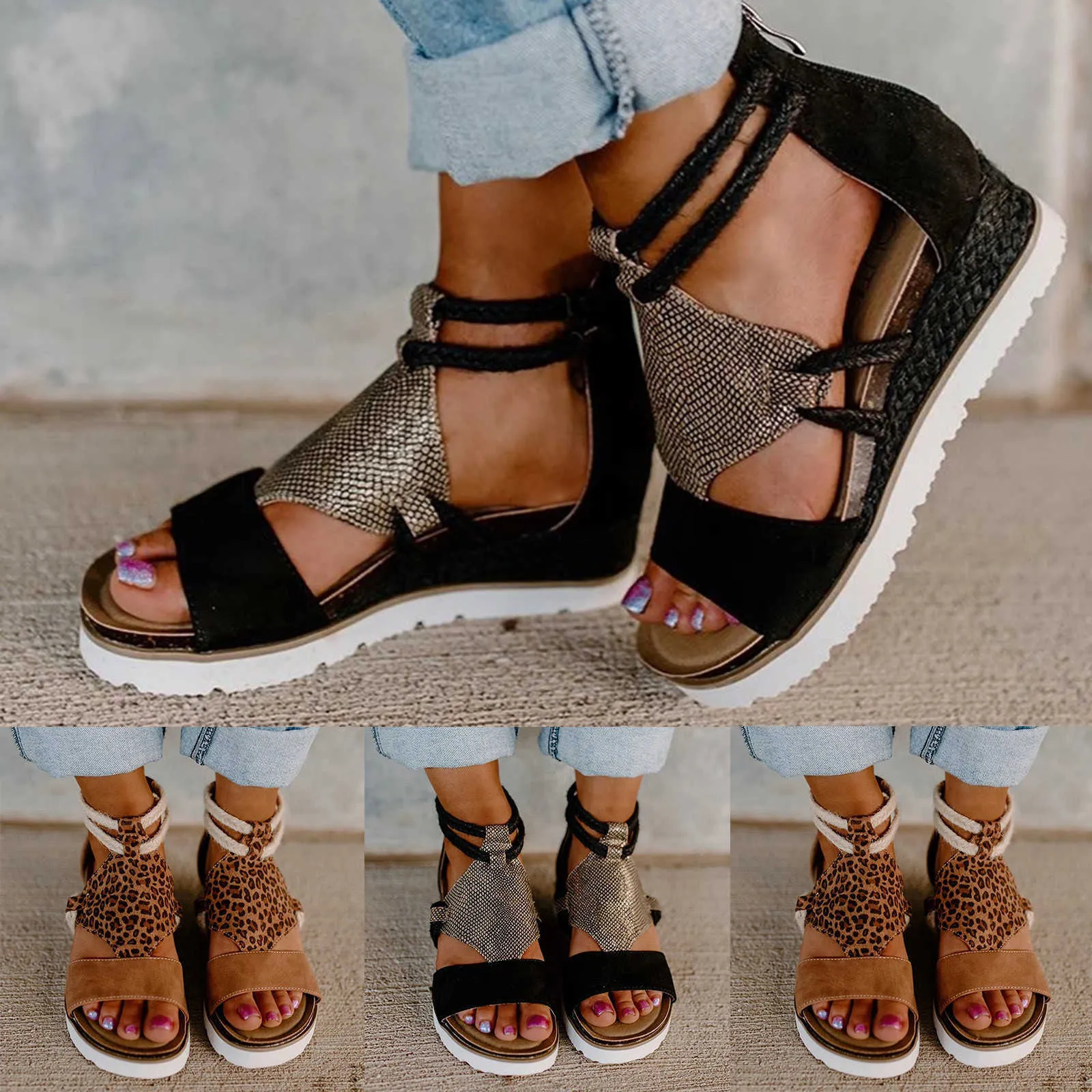 TELOTUNY sandals Womens Wedge Heel Open Toe Fish Mouth Foreign Trade Roman Style Sandals Shoes Flock Zipper Plus Size Y0721