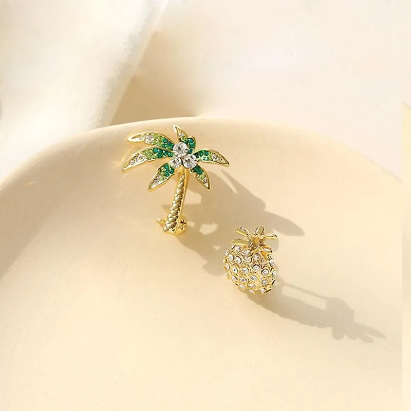 Pinos broches duplo justo estilo tropical broche para mulheres bonito abacaxi coqueiro luz ouro cor distintivo pino moda jóias292y