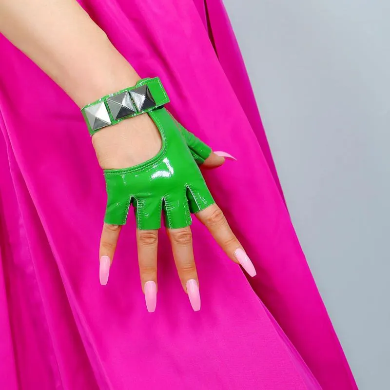 Real Leather Semi-Finger Gloves Patent Bright Green Silver Rivet Sheepskin Fingerless Women Touchscreen WZP50 Five Fingers260j