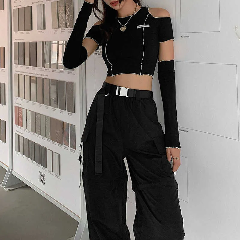 QWEEK Gothic Techwear T-Shirts Damen egirl Patchwork Y2K Hippie Harajuku Schwarz Langarm Tops X0628