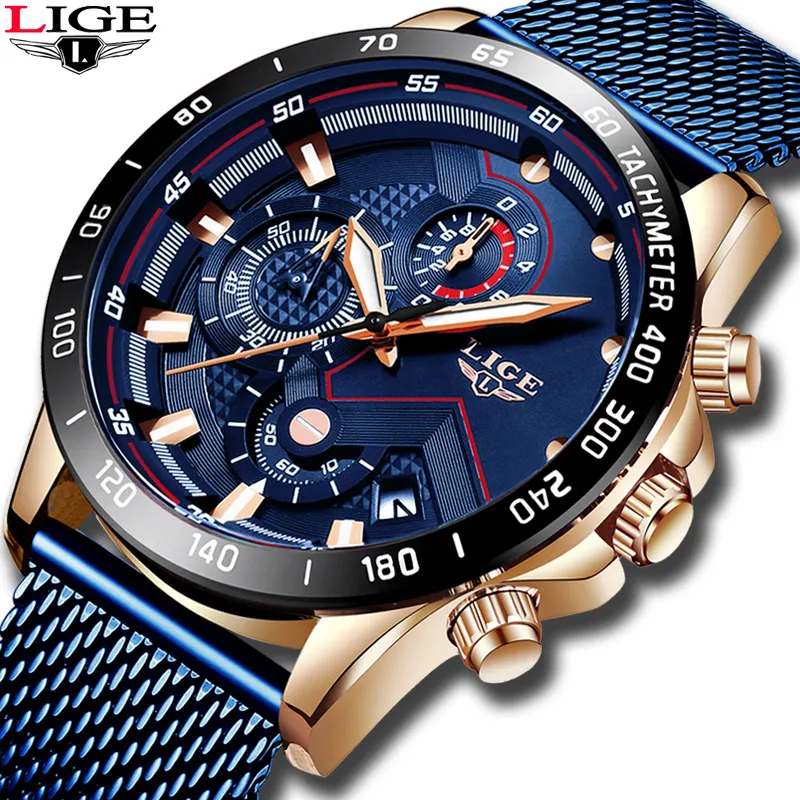 2022 LIGE Bleu Casual Mesh Ceinture Mode Quartz Or Montre Hommes Montres Top Marque De Luxe Étanche Horloge Relogio Masculino 220225200p