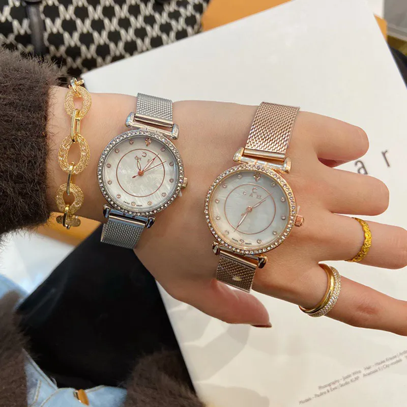 Relógios de marca de moda femininos, menina, bonito, cristal, aço, pulseira, matel, relógio de pulso, CHA50228L