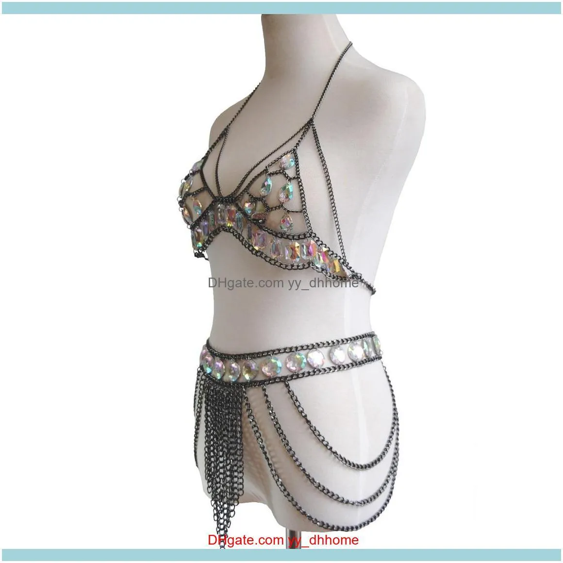 high quality glittering colorful crystal tassel fashion sexy body bra skirt set waist belly chain jewelry gold silver black