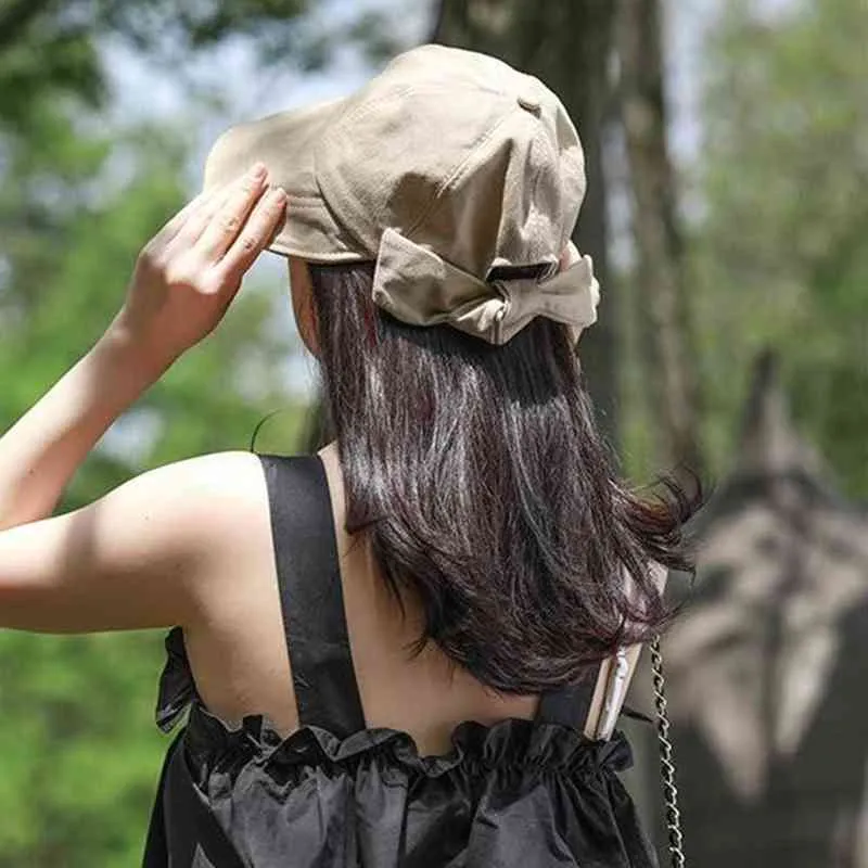 Spring Summer Soft Cotton Round Dome Bandage Bow Foldable Temperament Fishermen Hat Women Fashion Travel Cap Gift G220311