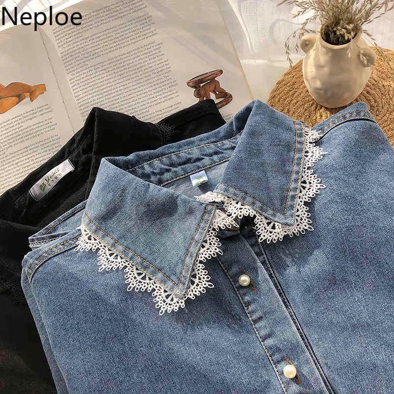 Neploe coreano pizzo patchwork jeans camicetta donna colletto rovesciato camicia monopetto cappotto fasciatura camicette sottili giacca di jeans 210422