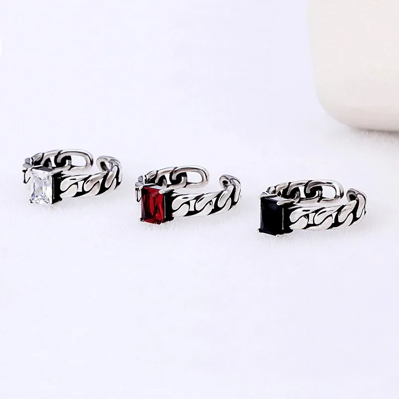 Roter schwarzer quadratischer Diamant-Solitärring, Retro-Silberkette, offen, verstellbar, Edelsteinringe, Band für Damen und Herren, Modeschmuck, Will und Sandy