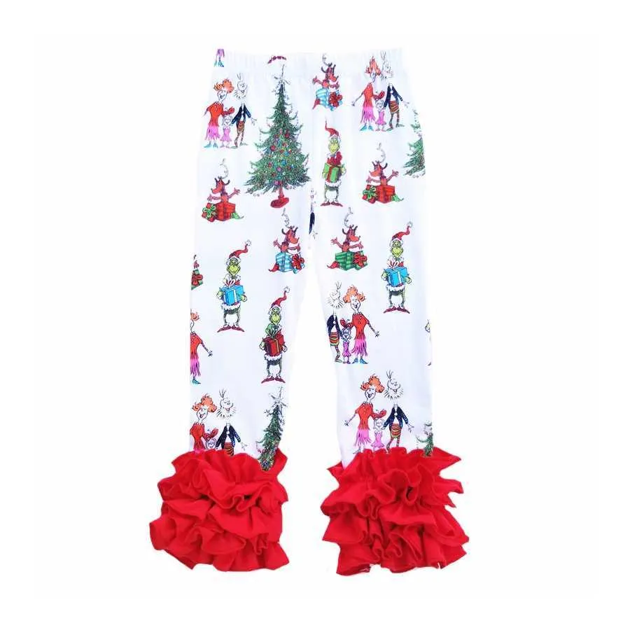 Mädchen-Weihnachtsleggings, Kleinkind-Schlaghosen, Zuckerguss-Rüschenhosen, Grinch-bedrucktes Kleid, Kinder-Urlaubskleidung 211018