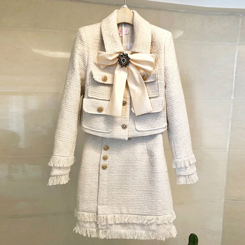 Gratis Runway Lady Wool Set Winter Women Luxury Diamond Bow Gold Short Tweed Jacket Coattassel Skirt 210524