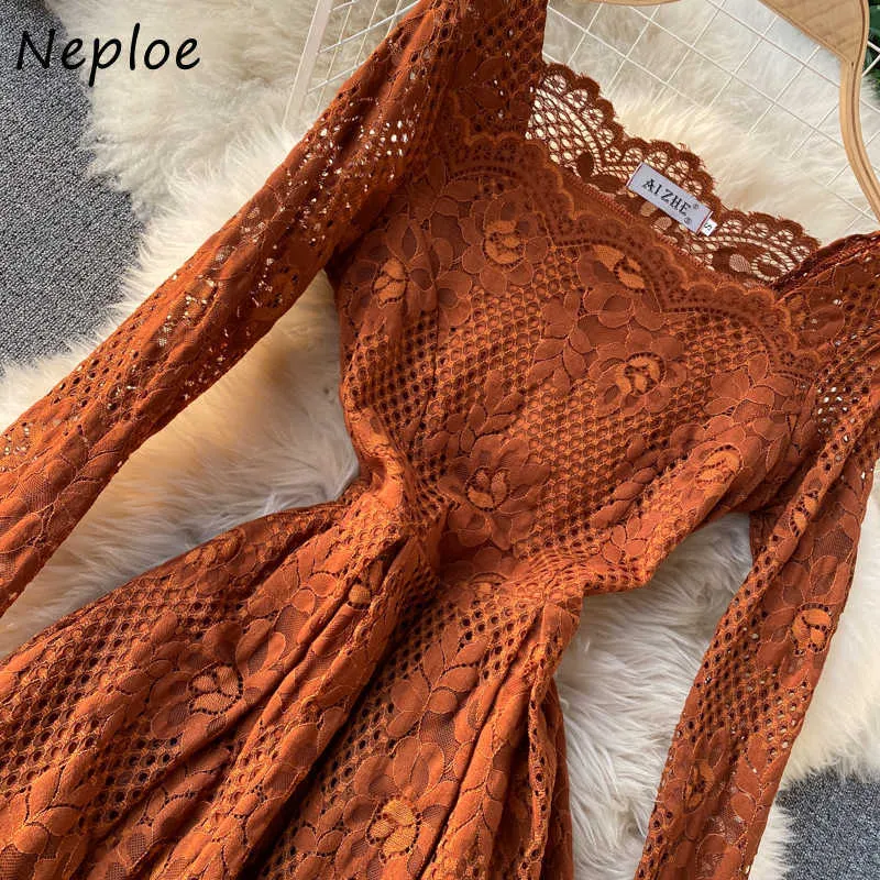 Neploe français dentelle crochet fleur tempérament Robe femmes taille haute hanche une ligne mince Vestidos Suqare col à manches longues solide Robe Y0823