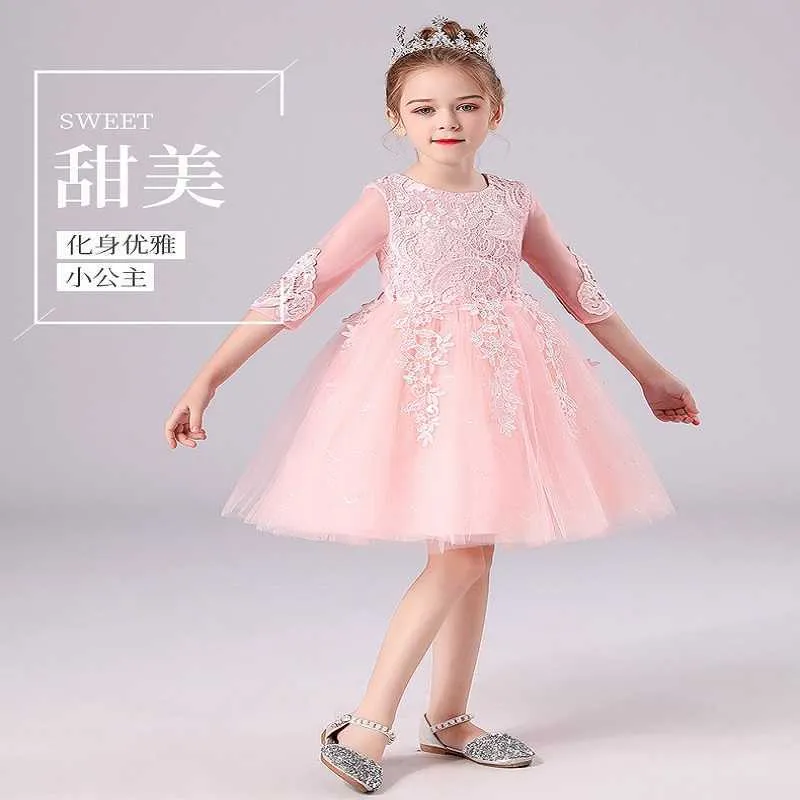 2021 fille princesse dentelle à manches longues mariage femme quatre saisons fille chinois grands enfants couleur unie dentelle robe Q0716