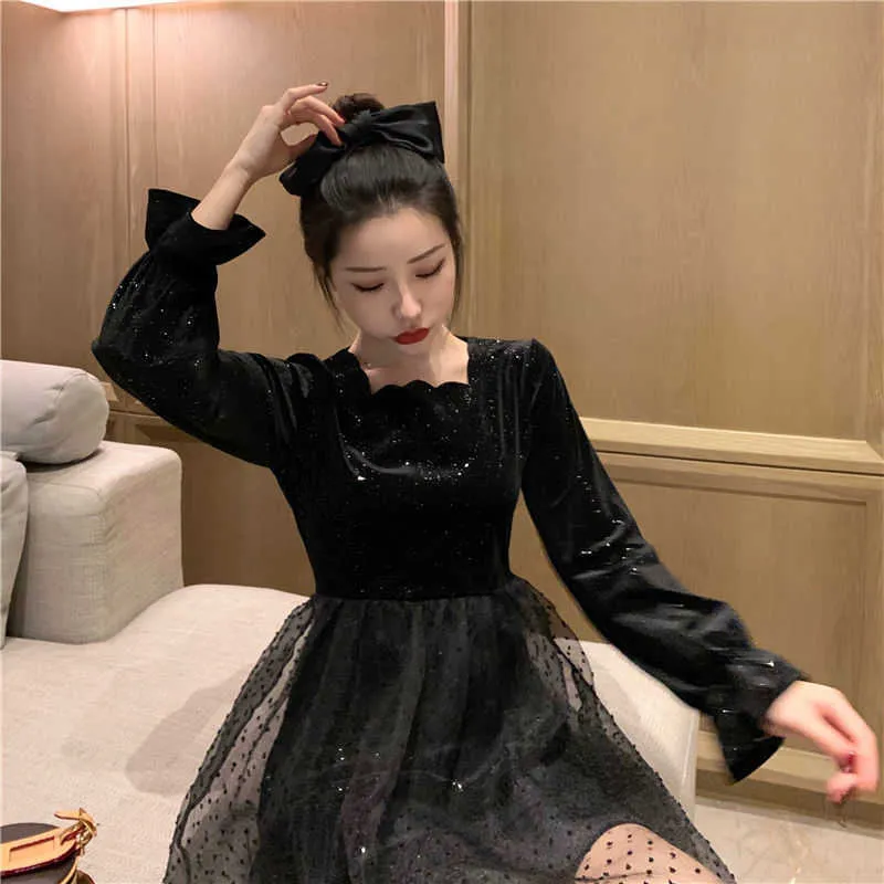 Seksi Kadife Siyah Kısa Goth Elbise Kış Dantel Kadınlar Tatlı Uzun Kollu Gece Kulübü Parti Kadın Korece 210604