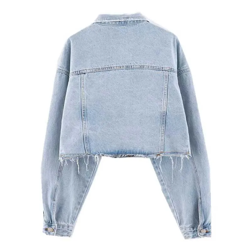 Herfst drop schouder losse korte denim jas vintage vrouwen reverszakken single breasted gedrapeerde Jean jas cool bovenkleding 210914