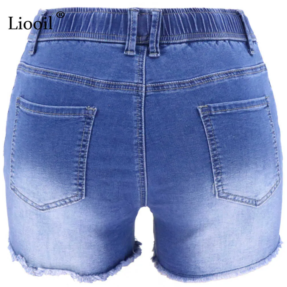 Liooil Sexy Ripped Skinny Denim Shorts mit Taschen Frauen Sommer Streetwear Hohe Taille Distressed Bodycon Loch Jean 210719