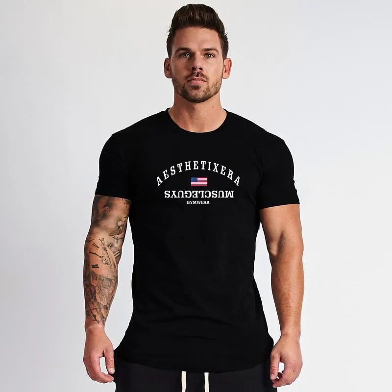 Muscleguys夏のブランドの服の筋肉タイトTシャツメンズフィットネスTシャツHomme Gyms Tシャツの男性ボディービルのティーシャツ210421