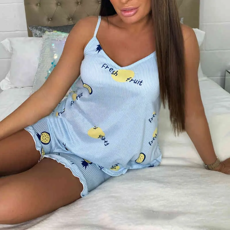 OMSJ Simple Comfort Women Homewear Cute Pajama Sets Spaghetti Strap Backless Tops And Shorts Print Sleepwear Matching 210517