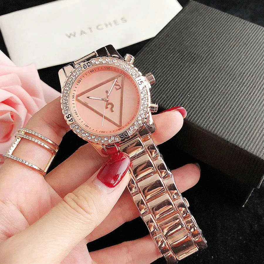 Brand Watches Women Girl Diamond Crystal Triangle Question Mark Style Metal Steel Band Quartz Wrist Watch GS 468462673