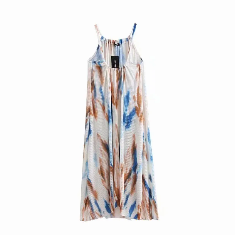 Vit Tie Dye nådde Midi Kvinna Klänning Sommar Elegant Backless Straps Party Women Flowing Beach Style Vestidos 210430