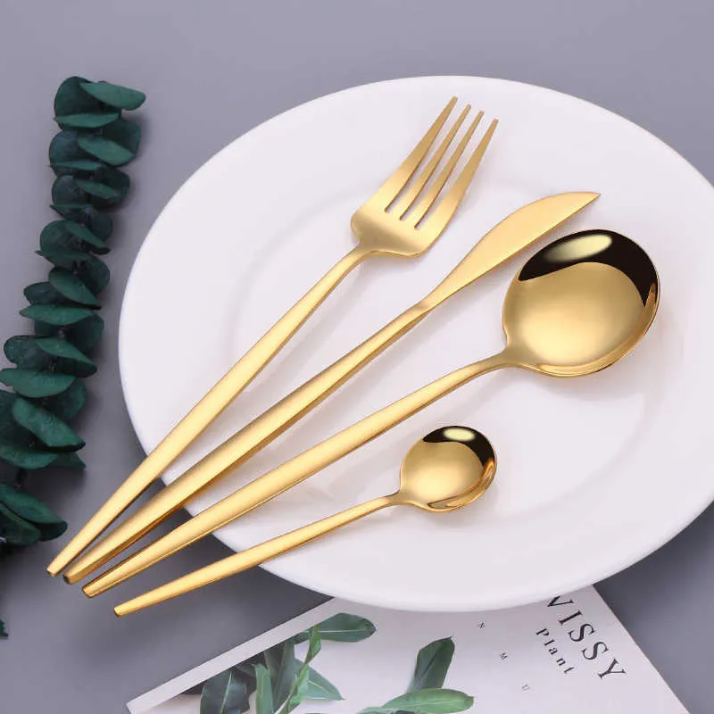 Set di posate in oro Acciaio inossidabile e coltelli Forchette Cucchiai Stoviglie da cucina Stoviglie Drop 210928