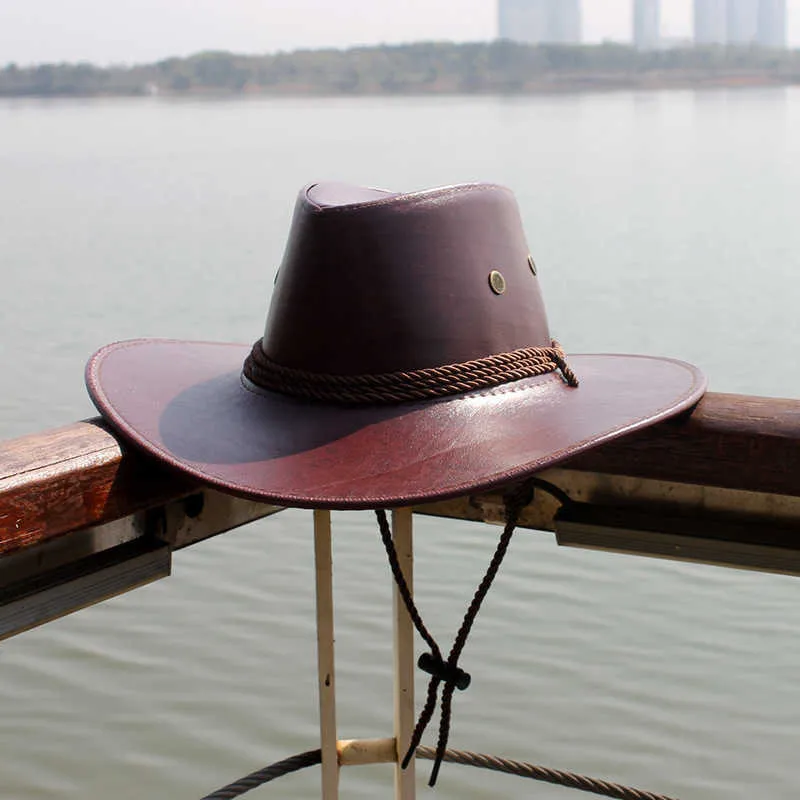 Chapeau de Cowboy occidental en cuir Pu pour hommes, casquette de chevalier de voyage en plein air, printemps et été, Q0805243v