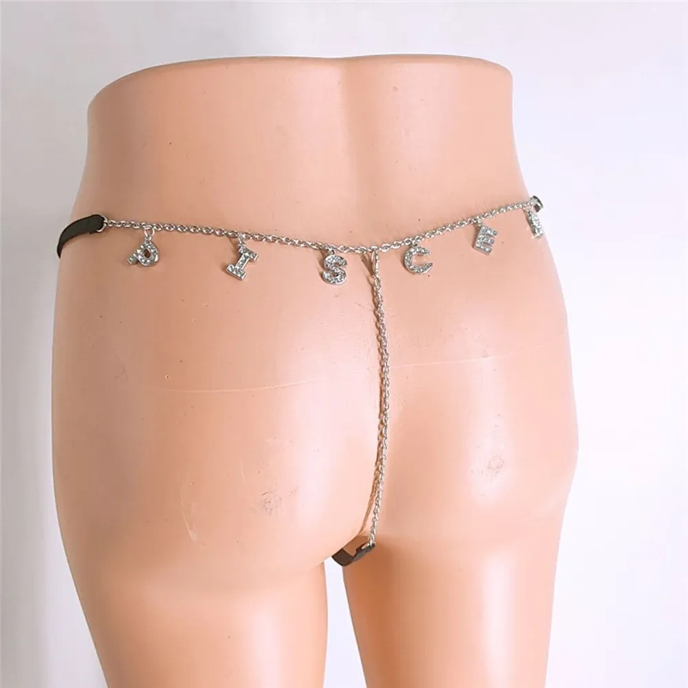 2021 DIY Rhinestone Letters Rostfritt Stål Midja Kedja Elasticitet Panties Thong Body Smycken Sexiga Underkläder för Kvinnor Nattklubb