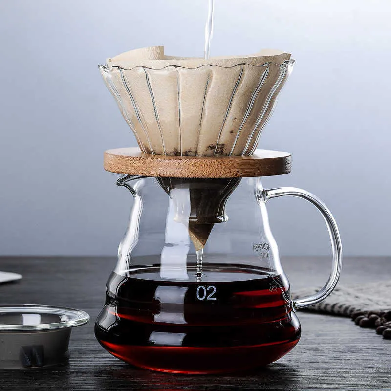 Swabue Pour Over Coffee Maker Pot och Percolatorer Set Glas Dripper V60 Filter Colander Miljövänlig 500 ml / 300 ml / 700 ml Återanvändbar 210712