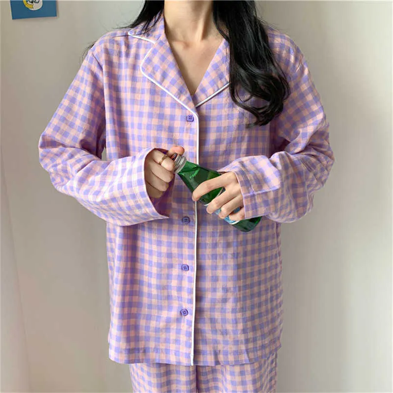 CAIYIER Korean Purple Grid Girls Pajamas Set Cute Winter Long Sleeve