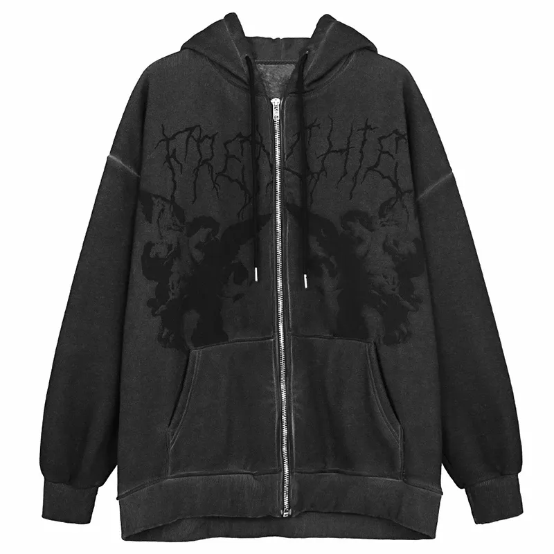 Punk Men Hip Hop Streetwear Hooded Angel Dark Print Coat Harajuku Cotton Fleece Winter Jacket Outwear Zipper 220726