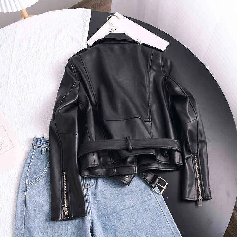 Ailegogo Spring Autumn Soft Faux Leather Short Jacket with Belt Women Lapel Pu Leather Coat Black Zipper Moto Biker Outwear 211112