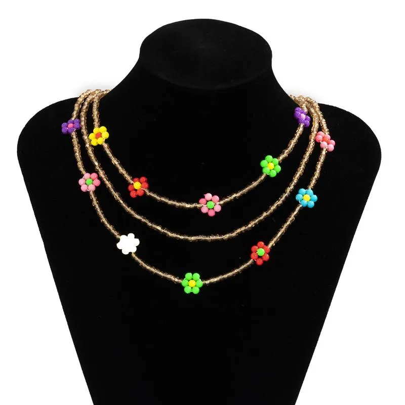Chokers Multilayer Handmade Rice Beads Flower Short Collar Necklace For Women Fashion Bohemian Colorful Daisy Choker Beach Gift323G