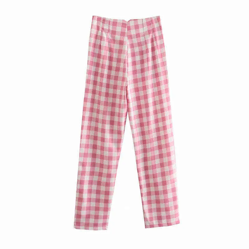 Merodi Bureau Lady Mode Rose Plaid Costume Coton Long Pantalon Femmes Été Za Taille Haute Fermeture À Glissière Droite Chic Pantalon 211112