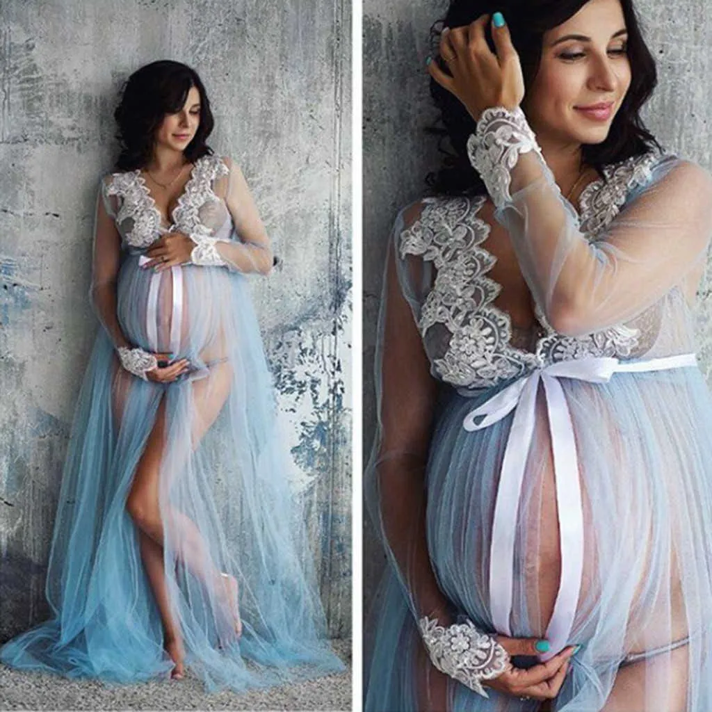 Mulheres Lace Maternity Dress Mulheres Gravidez Lace Longo Maxi Vestido Mulheres Grávidas Roupas Fantasia Gravidez Foto Props Shoot Fashion Y0924