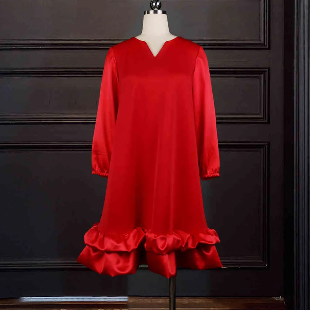 Kobiety Czerwona Sukienka Luźna V Neck Długie Rękawy Ruffles Patchwork Oversized Afryki Duży Plus Rozmiar Damski Kobiet Vestidos Okłady 210416