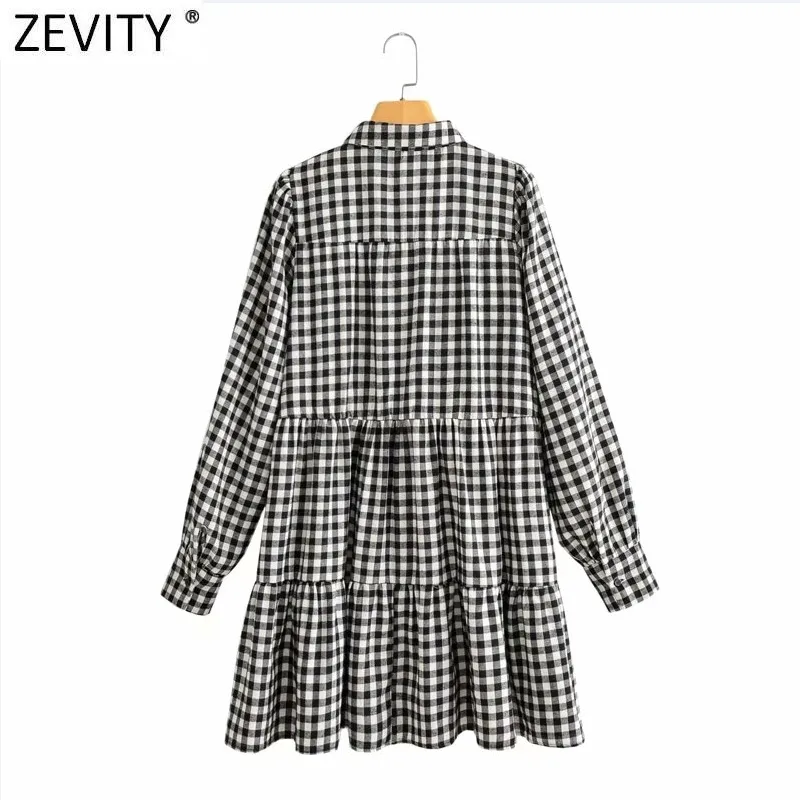 Women Fashion Plaid Print Pleats Shirt Dress Female Chic Puff Sleeve Pockets Casual Business Mini Vestido DS8315 210420