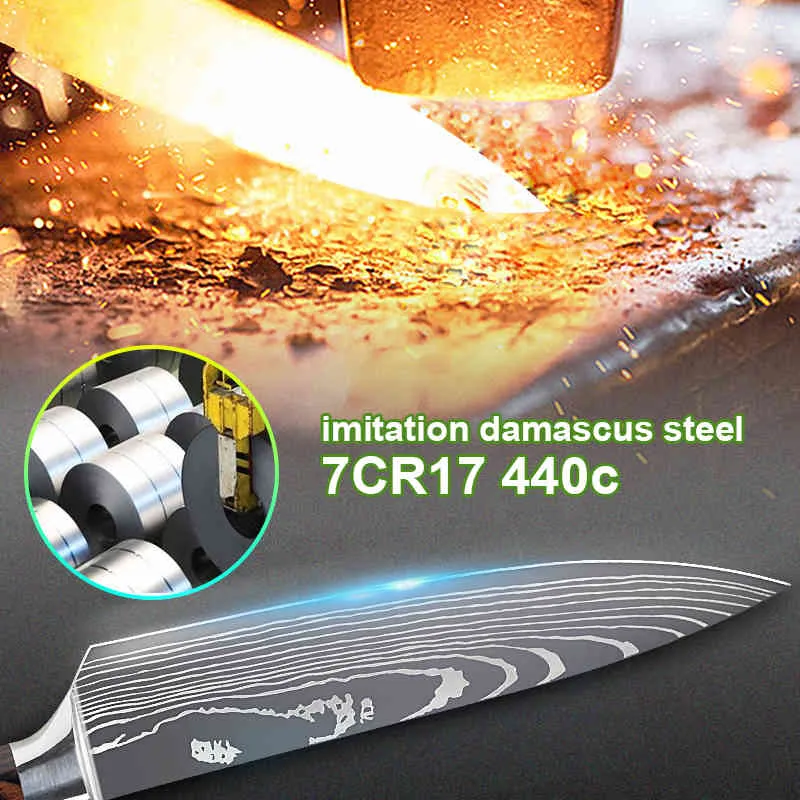 Mutfak Bıçakları Profesyonel Şef Bıçaklar Japon 7CR17 440C Yüksek Karbon Paslanmaz Çelik Taklit Eamascus Desen Lnife Set209p