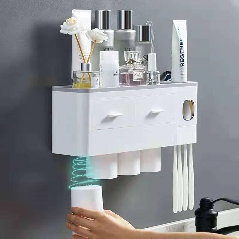GESE Adsorption magnétique Ensemble inversé Porte-brosse à dents Distributeur automatique de presse-dentifrice Support de rangement Accessoires de salle de bain202y