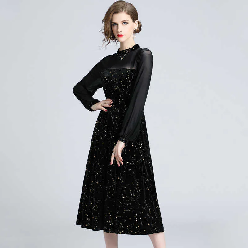 Ly varey lin vrouwen vintage fluwelen lange jurk elegante o hals lantaarn mouw zwart party tule patchwork slank retro vestidos 210526