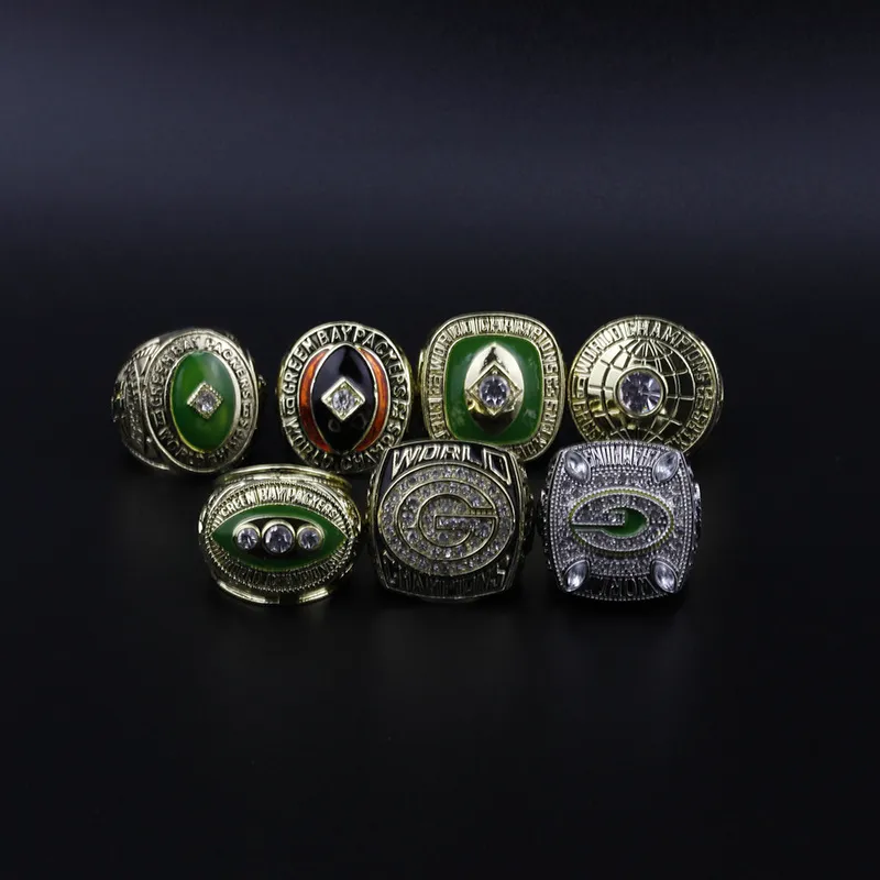 Três anéis de pedra 7 peças 1961 1962 1965 1966 1967 1996 2010 Packer Championship Ring com exibição de colecionador Case320D